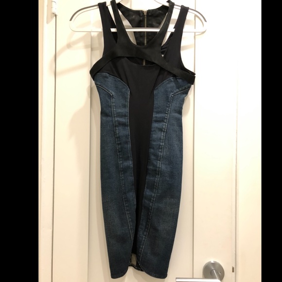 HELMUT LANG Denim & black suede and stretch dress - Picture 2 of 6